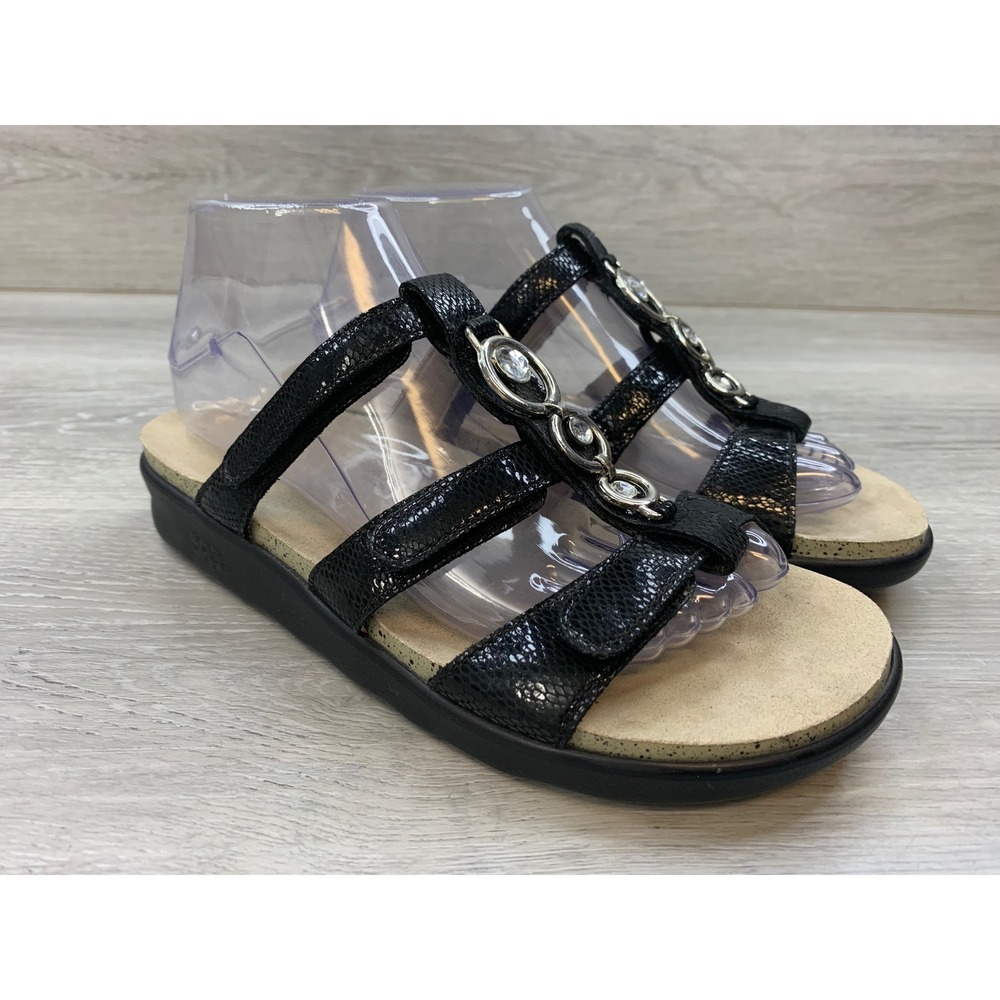 SAS Tripad Comfort Sandals Women's 8 M Black Snakeskin Jeweled Strappy USA